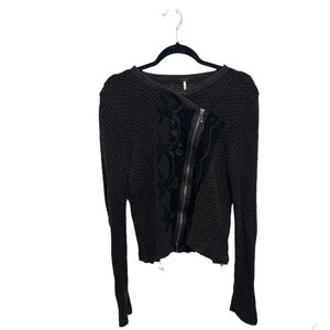 Free People Femme Fatale Knit Moto Zip Cardigan Open Knit Sweater Size Large